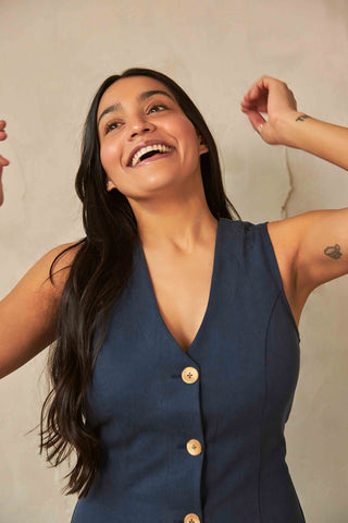 MODERN SUNDAY Mini Robe à Boutons - Bleu Denim