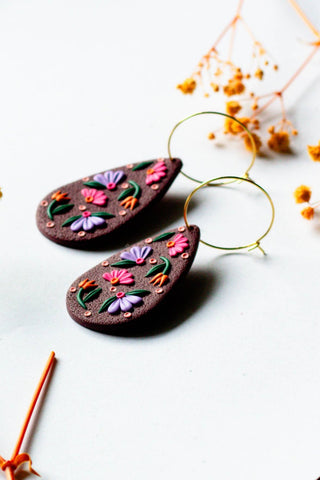 SLOW DAY STUDIOS Burgundy Floral Teardrop Hoop Earrings