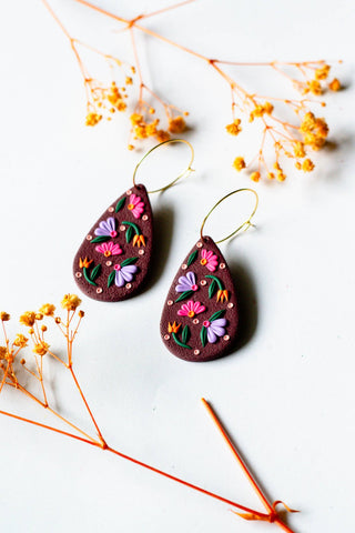 SLOW DAY STUDIOS Burgundy Floral Teardrop Hoop Earrings