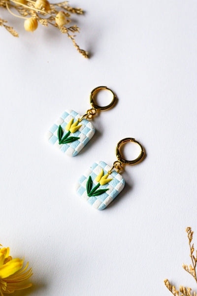 SLOW DAY STUDIOS Boucles d'Oreilles Anneaux Tulipe Damier