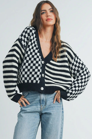 BUTTERMELON Cardigan Carreaux et Rayure - Noir et Blanc