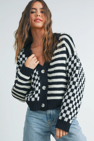 BUTTERMELON Cardigan Carreaux et Rayure - Noir et Blanc
