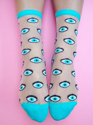 COUCOU SUZETTE Chaussettes Transparentes - Oeil Bleu, parfaite idée de cadeau pour femme.