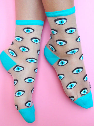 COUCOU SUZETTE Chaussettes Transparentes - Oeil Bleu, parfaite idée de cadeau pour femme.